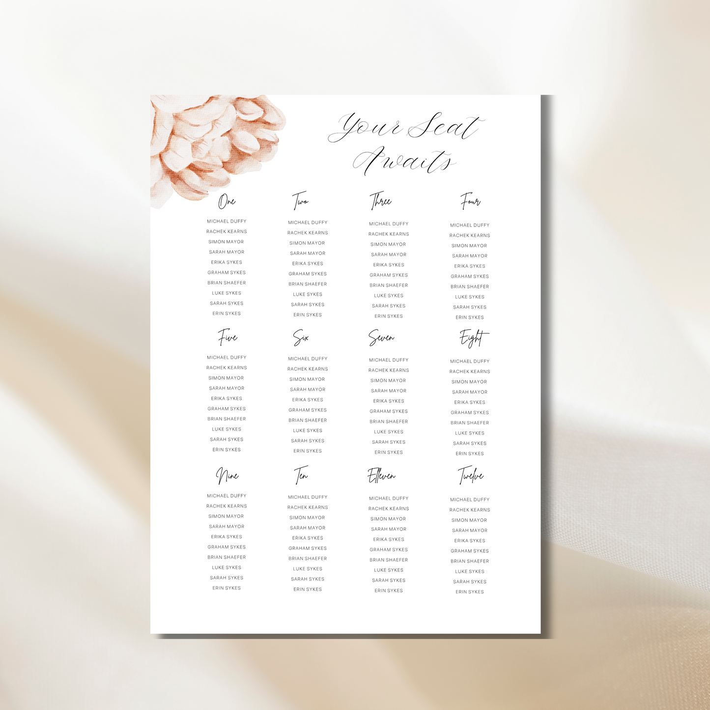 Pink Peony | Wedding Seating Chart Template